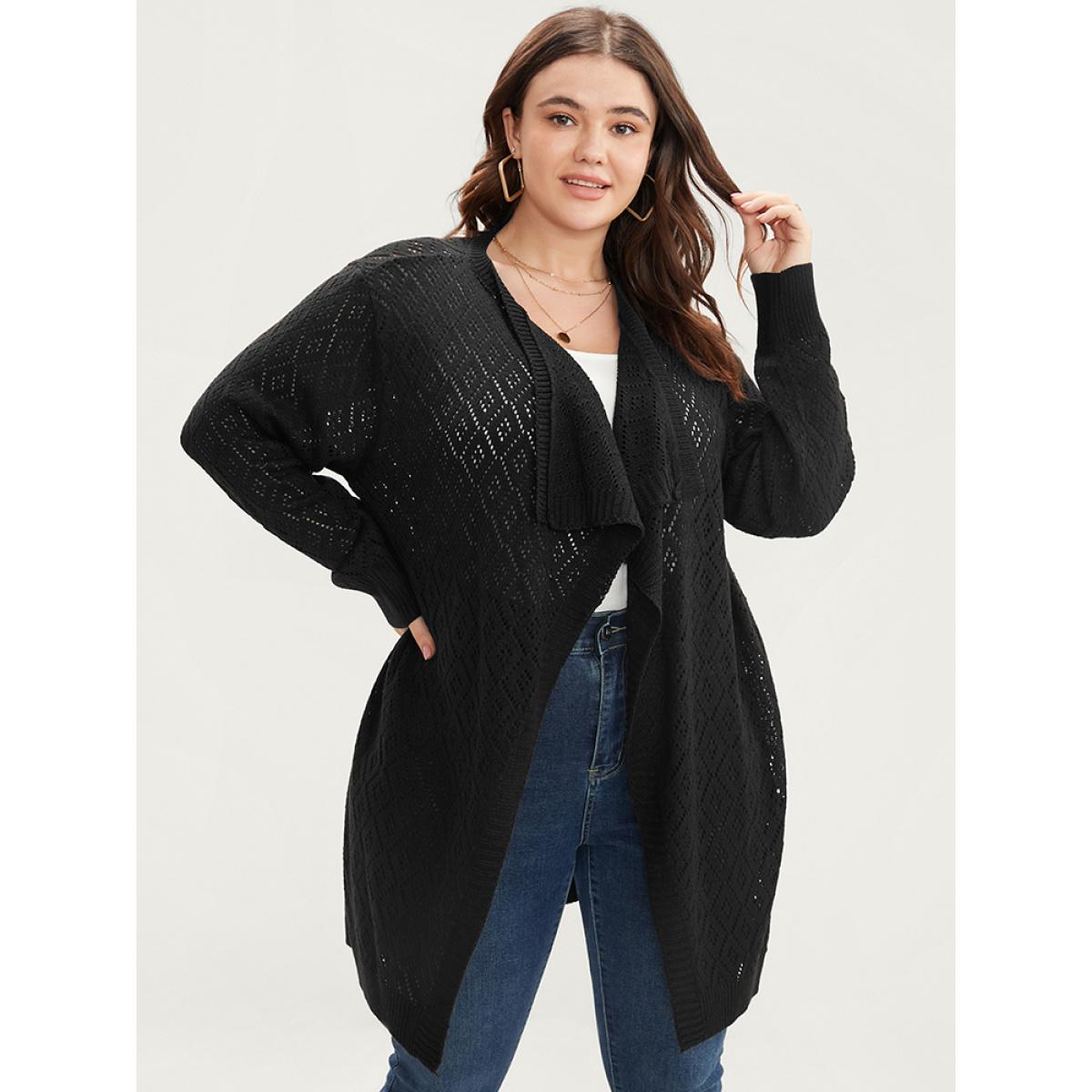 Plus Size Plain Pointelle Knit Argyle Eyelet Asymmetrical Open Front Cardigan Black Women Casual Loose Long Sleeve Dailywear Cardigans BloomChic 10/M Product Image