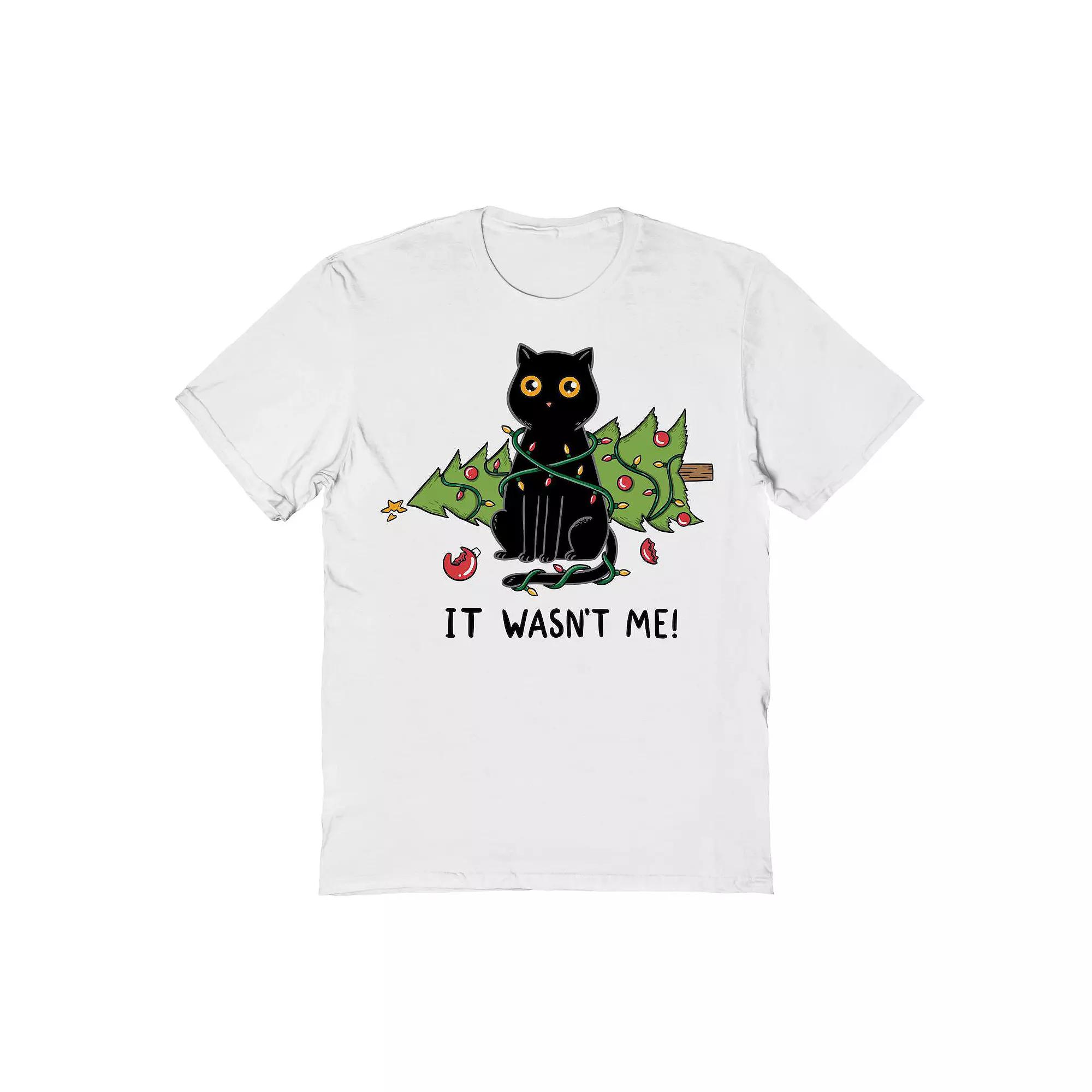 Men's Cat and Christmas Tree Christmas Graphic Tee, Size: Medium, White Product Image