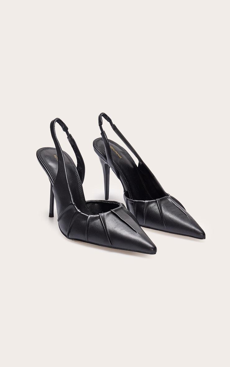 Black Pu Point Toe Ruched Sling Back High Stiletto Heeled Courts Product Image