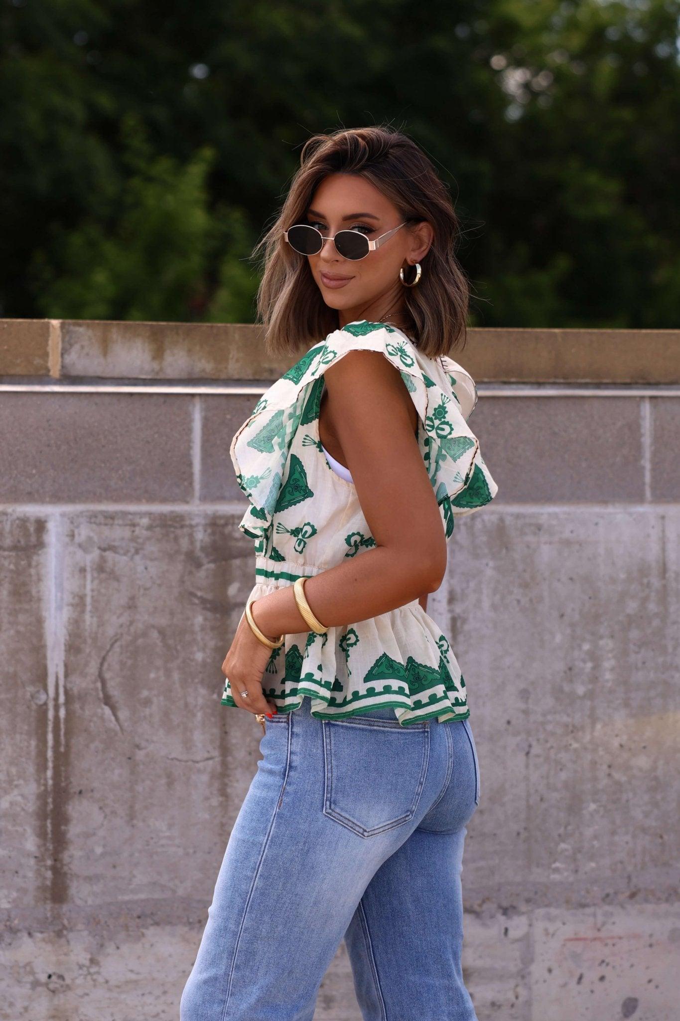 Eliza Green Multi Print Peplum Top - FINAL SALE Product Image