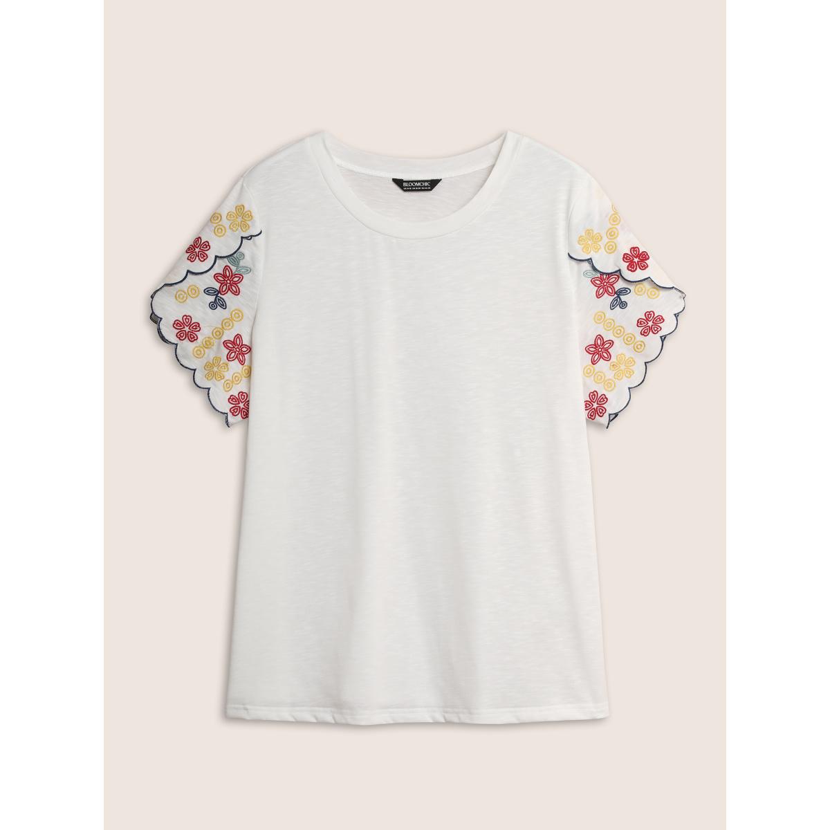 Plus Size Contrast Floral Embroidered Petal Sleeve T-shirt WhiteSmoke Women Casual Petal edge Round Neck Everyday T-shirts BloomChic 22-24/3X Product Image