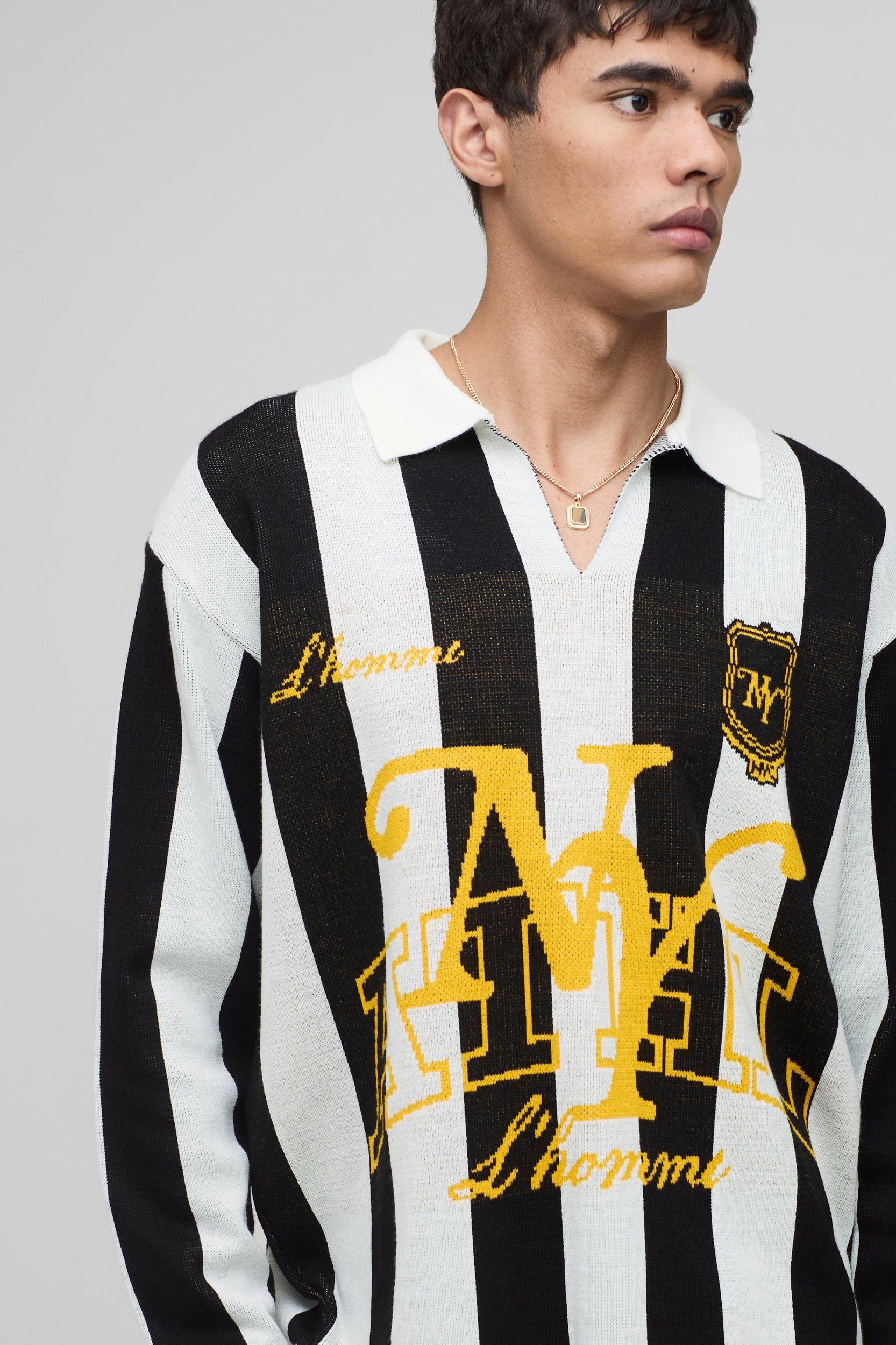 Regular Fit Striped Knitted Football Polo | boohooMAN USA Product Image