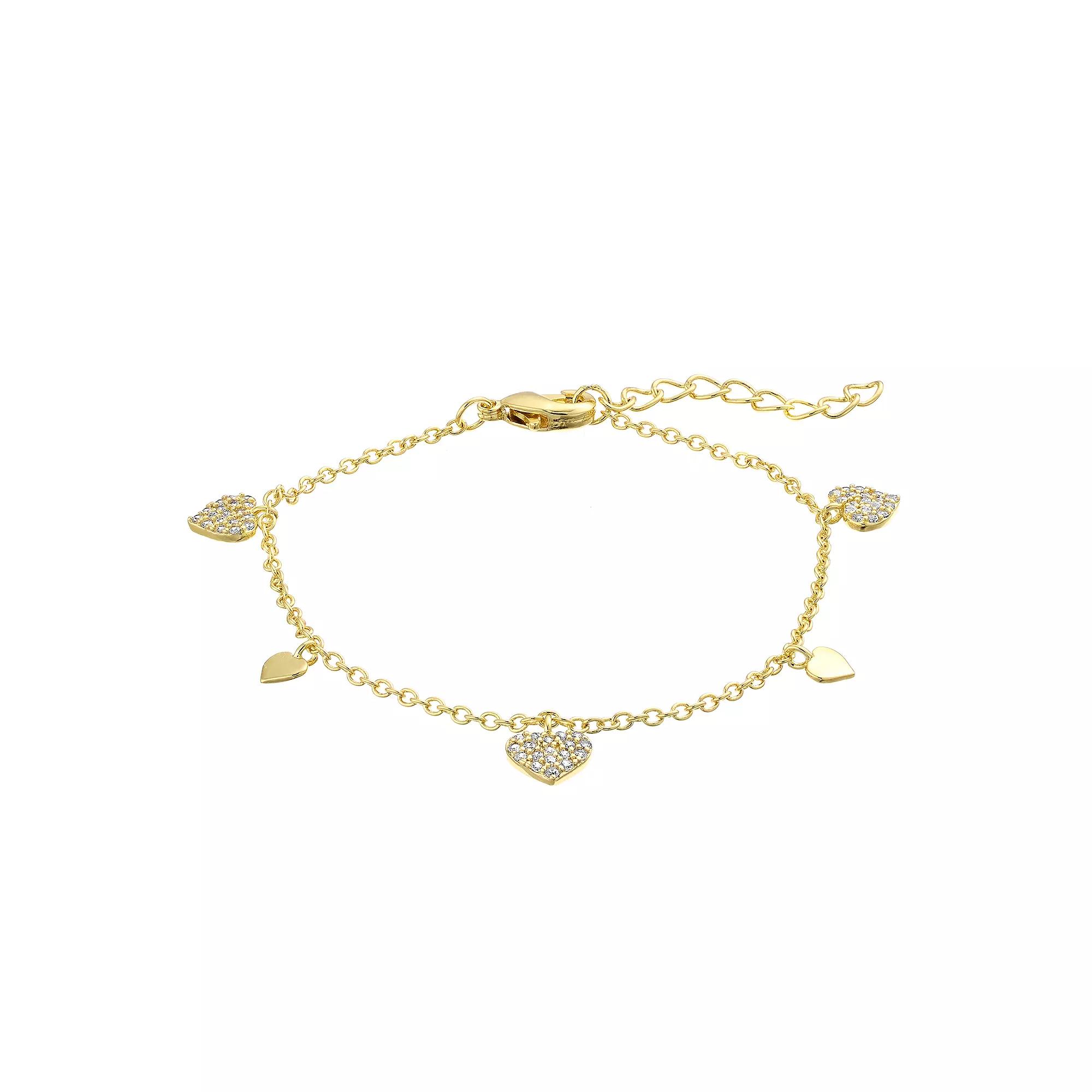 14k Gold Over Silver Cubic Zirconia Heart Charm Bracelet, Womens Gold Tone Product Image