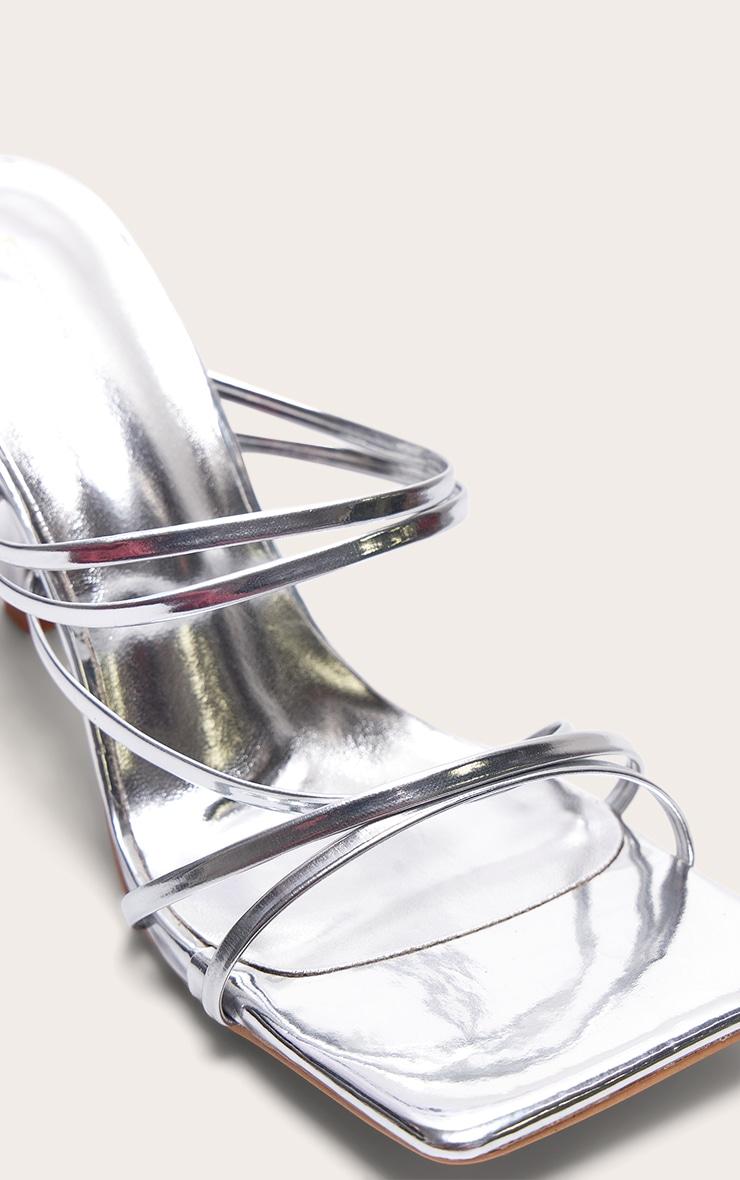 Silver PU Square Toe Multi Cross Strap Detail Mid Heeled Mules Product Image