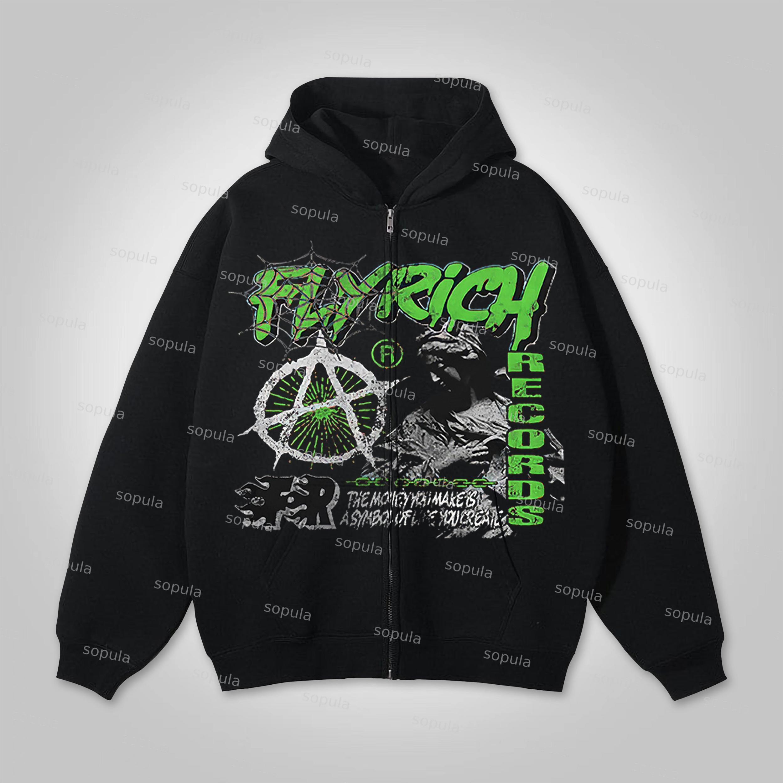 Y2k Fashion Fly Rich Vintage 2019 Graphic Hip Hop Oversized Zip Up Hoodie Product Image