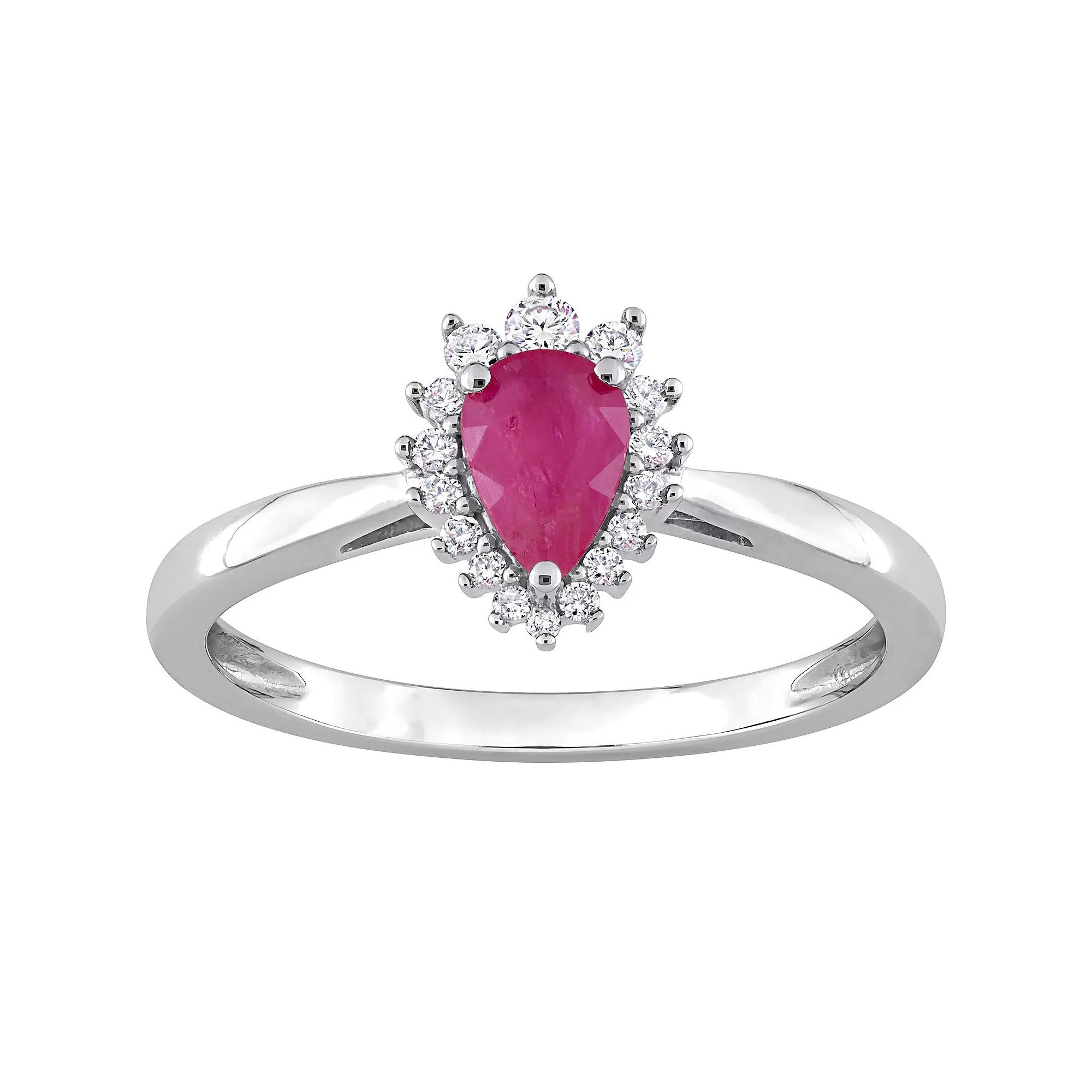 Stella Grace 14k White Gold Ruby & 1/8 Carat T.W. Diamond Halo Engagement Ring, Women's,  Product Image