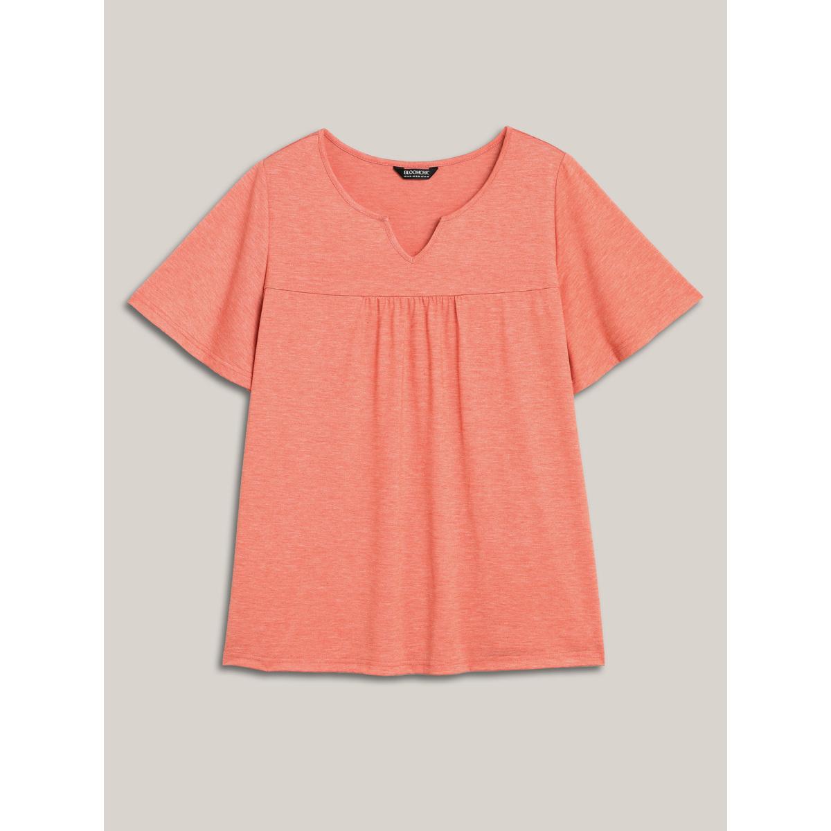 Plus Size Heathered Split Neckline Plain T-Shirt Coral Women Casual Gathered Notched collar Everyday T-shirts BloomChic 12/L Product Image