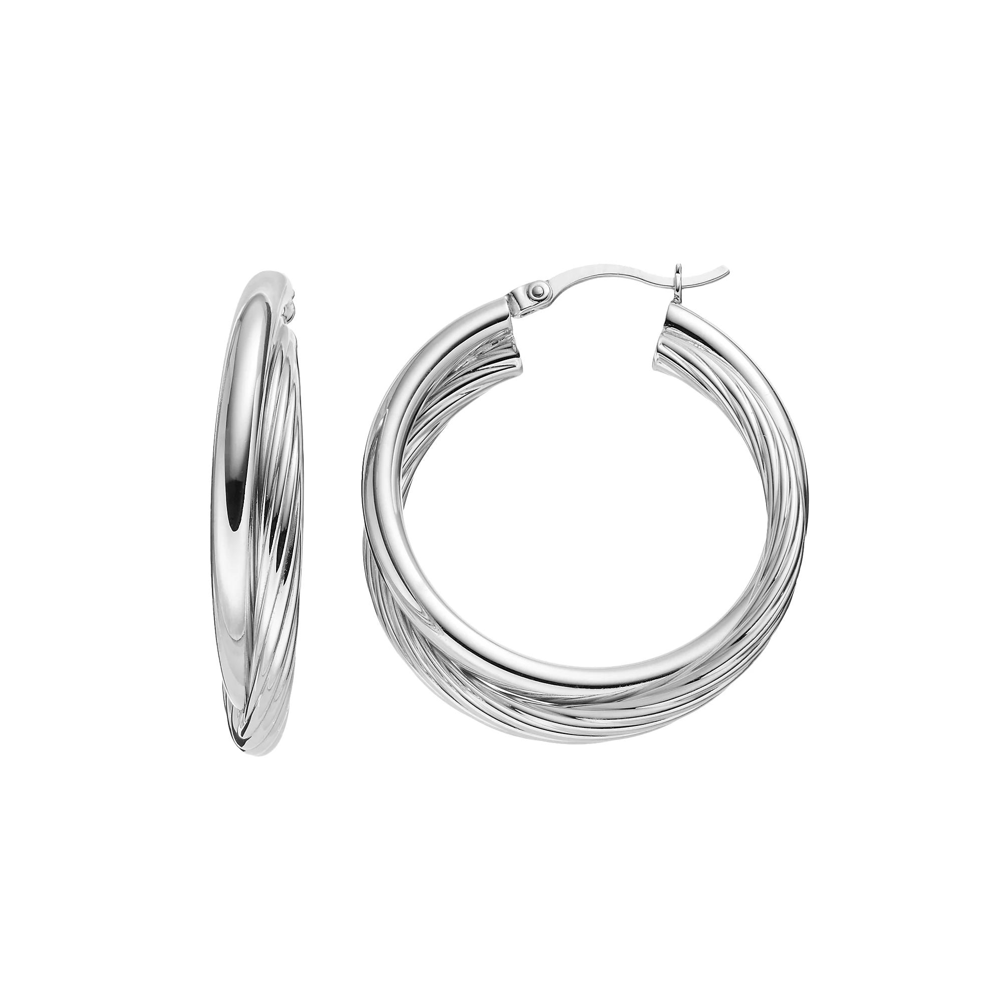 Platinum Over Silver Twist Hoop Earrings, Women's, Grey Product Image
