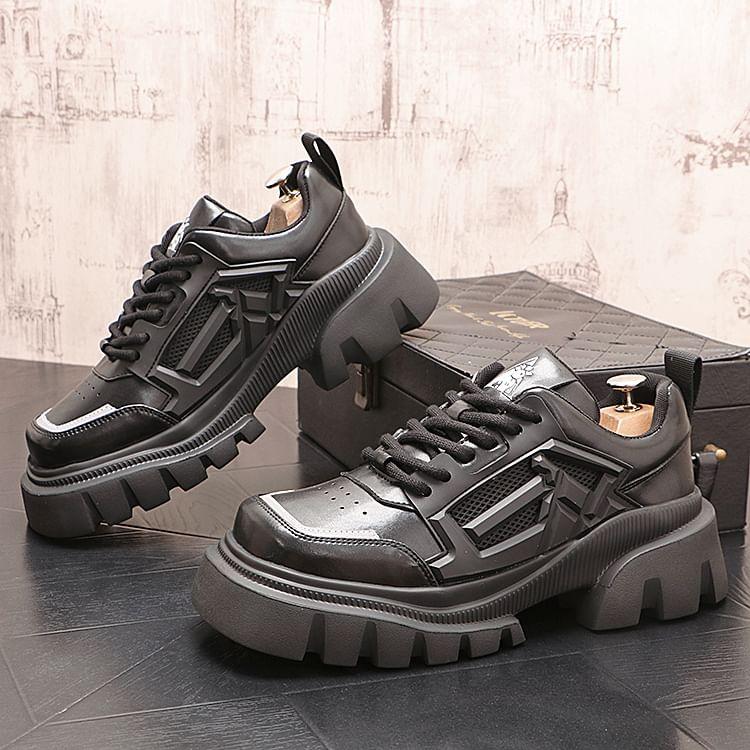 Platform Square Toe Mesh Panel Lace-Up Faux Leather Shoes Product Image