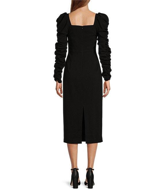 Antonio Melani Elena Crepe Square Neck Long Ruched Sleeve Pearl Bow Midi Dress Product Image