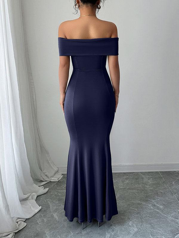 Bodycon High Waisted Solid Color Zipper Off-The-Shoulder Maxi Dresses Product Image
