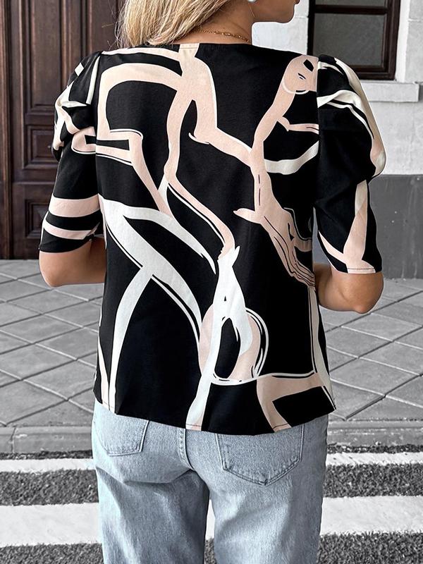 Half Sleeves Loose Contrast Color Pleated V-Neck Blouses&Shirts Tops Product Image