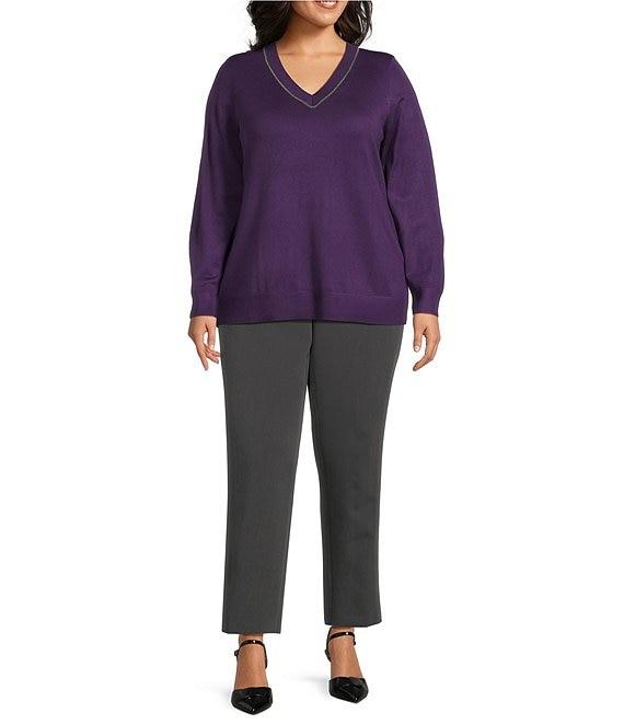 Investments Plus Size Jeweled V-Neck Long Sleeve Pullover Top Product Image