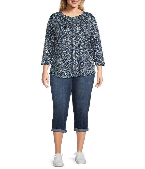 Westbound Plus Size Shadow Garden Floral 3/4 Sleeve Knit Crew Neck Top Product Image