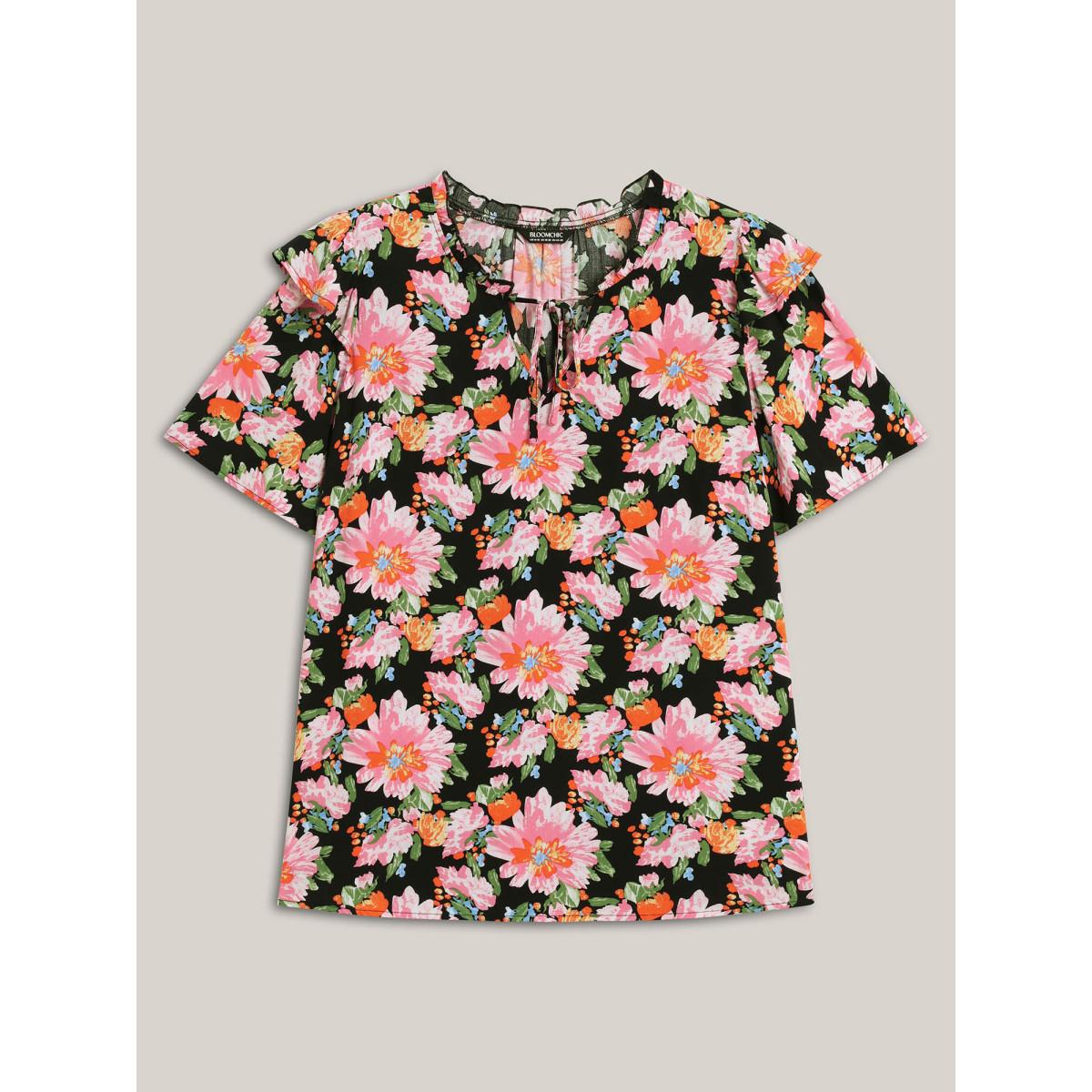 Plus Size Multicolor Large Flower Print Layered Sleeve Shirt Women Short sleeve Notched collar Elegant Blouses BloomChic 26/4X Product Image