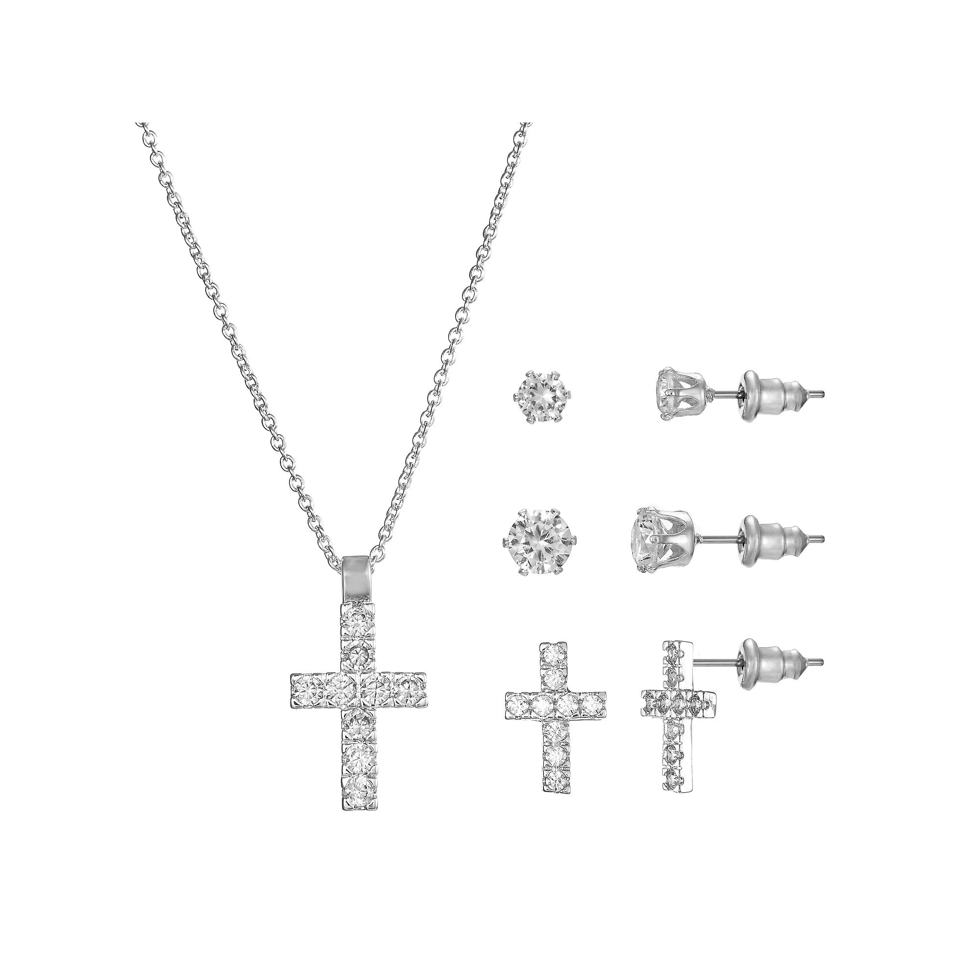 Silver Tone Cubic Zirconia Cross Pedant Necklace & Stud Earrings Trio Set, Women's, Size: 18+3", Silver Tone Clear Product Image