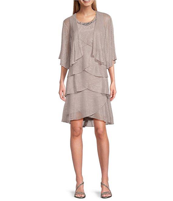 Ignite Evenings Petite Size Short Sleeve Embellished Crew Neck 2-Piece Jacket Dress Product Image