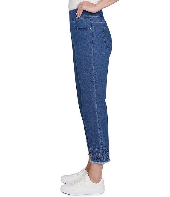 Ruby Rd. Straight Leg Embroidered Frayed Hem Pull-On Ankle Jeans Product Image