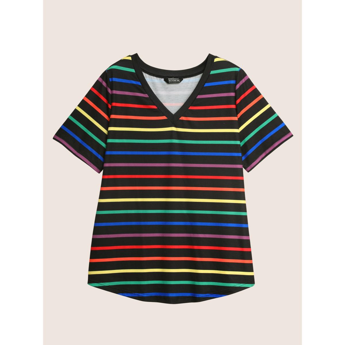 Plus Size V Neck Contrast Striped Stretched T-shirt Multicolor Women Casual Contrast V-neck Everyday T-shirts BloomChic 14-16/1X Product Image