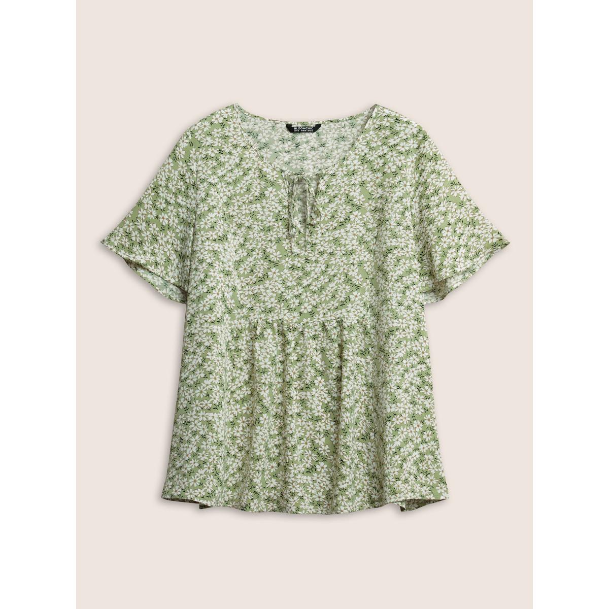 Plus Size Sage Ditsy Floral Ruffle Sleeve Gathered Ties Blouse Women Elegant Short sleeve Ribbon-tied collar Everyday Blouses BloomChic 28/5X Product Image