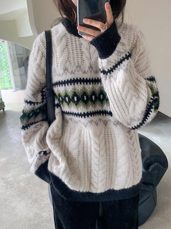 Vintage Jacquard Cable Knit Pullover Sweater Product Image