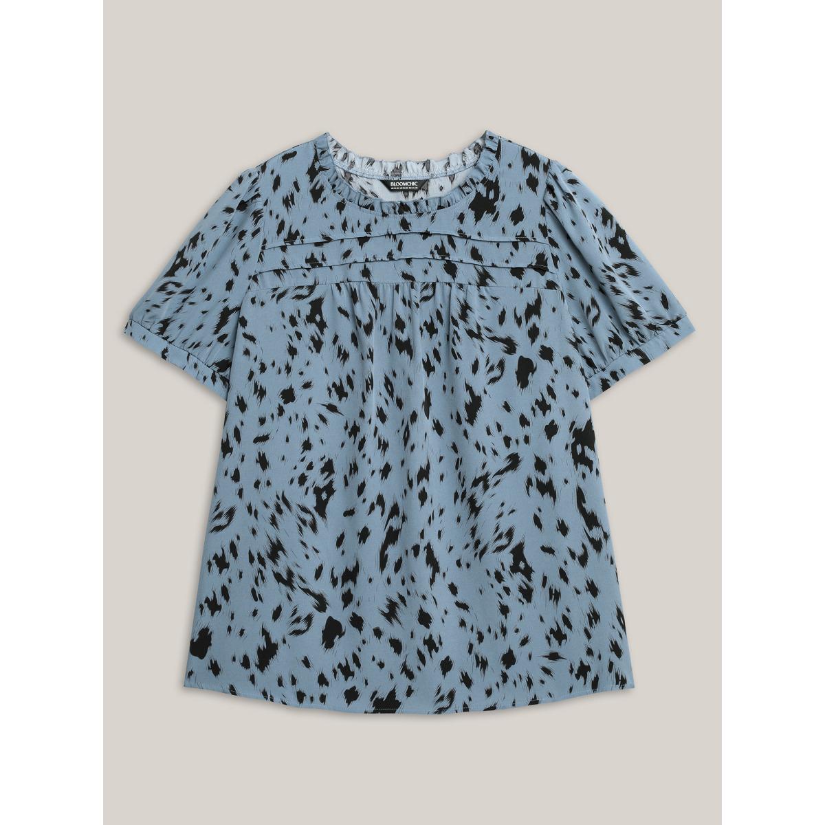 Plus Size Stone Leopard Print Toothpick Pleat Blouse Women Office Short sleeve Round Neck Office Blouses BloomChic 12/L Product Image
