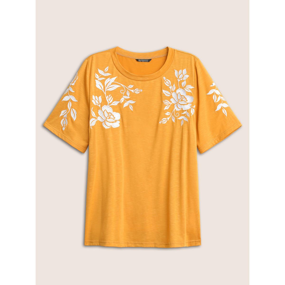 Plus Size Floral Embroidered Contrast Round Neck T-shirt Yellow Women Resort Contrast Floral Round Neck Vacation T-shirts BloomChic 12/L Product Image