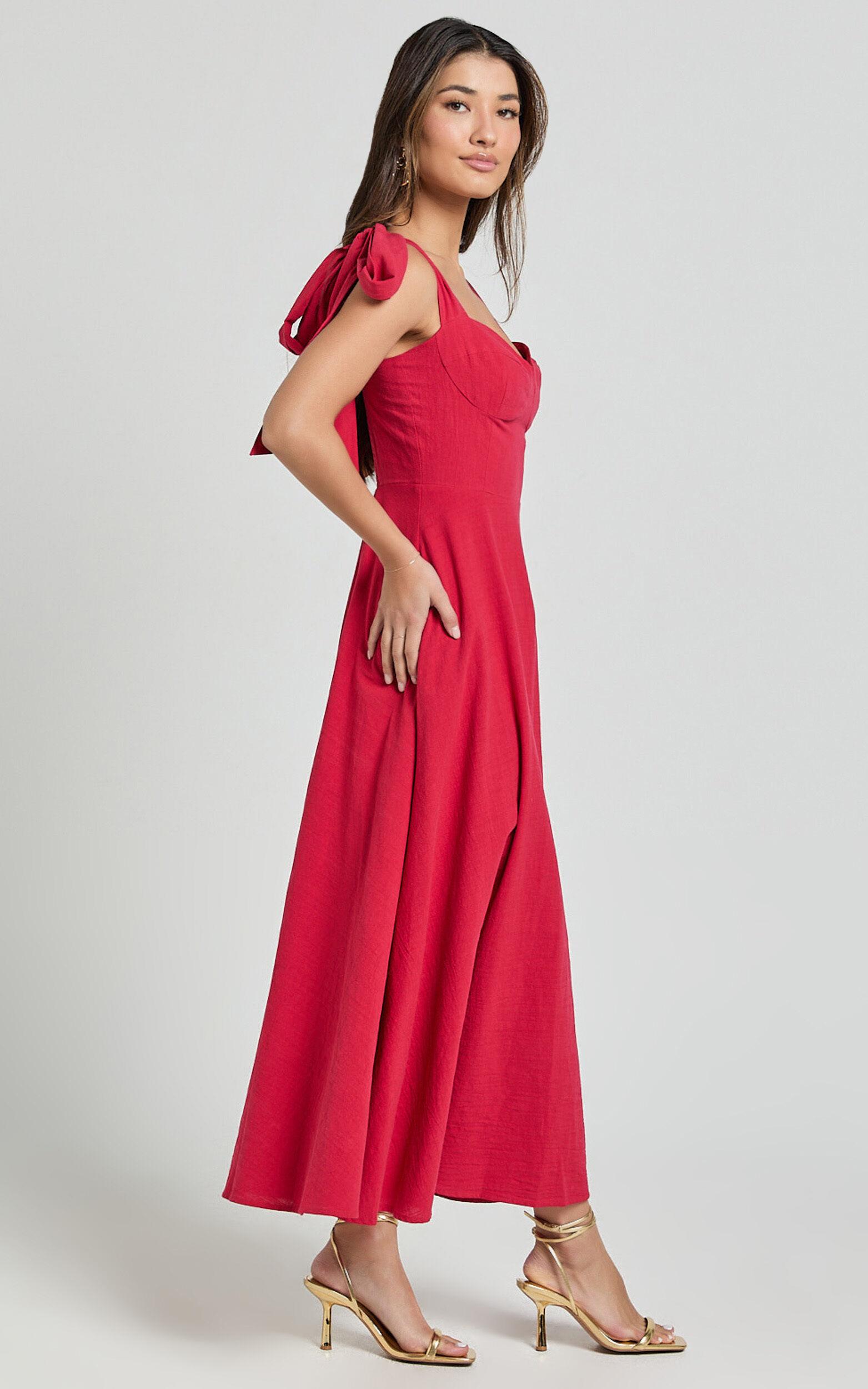 Tymia Midi Dress - Shoulder Tie Bustier Shirred Back A Line in Red Product Image