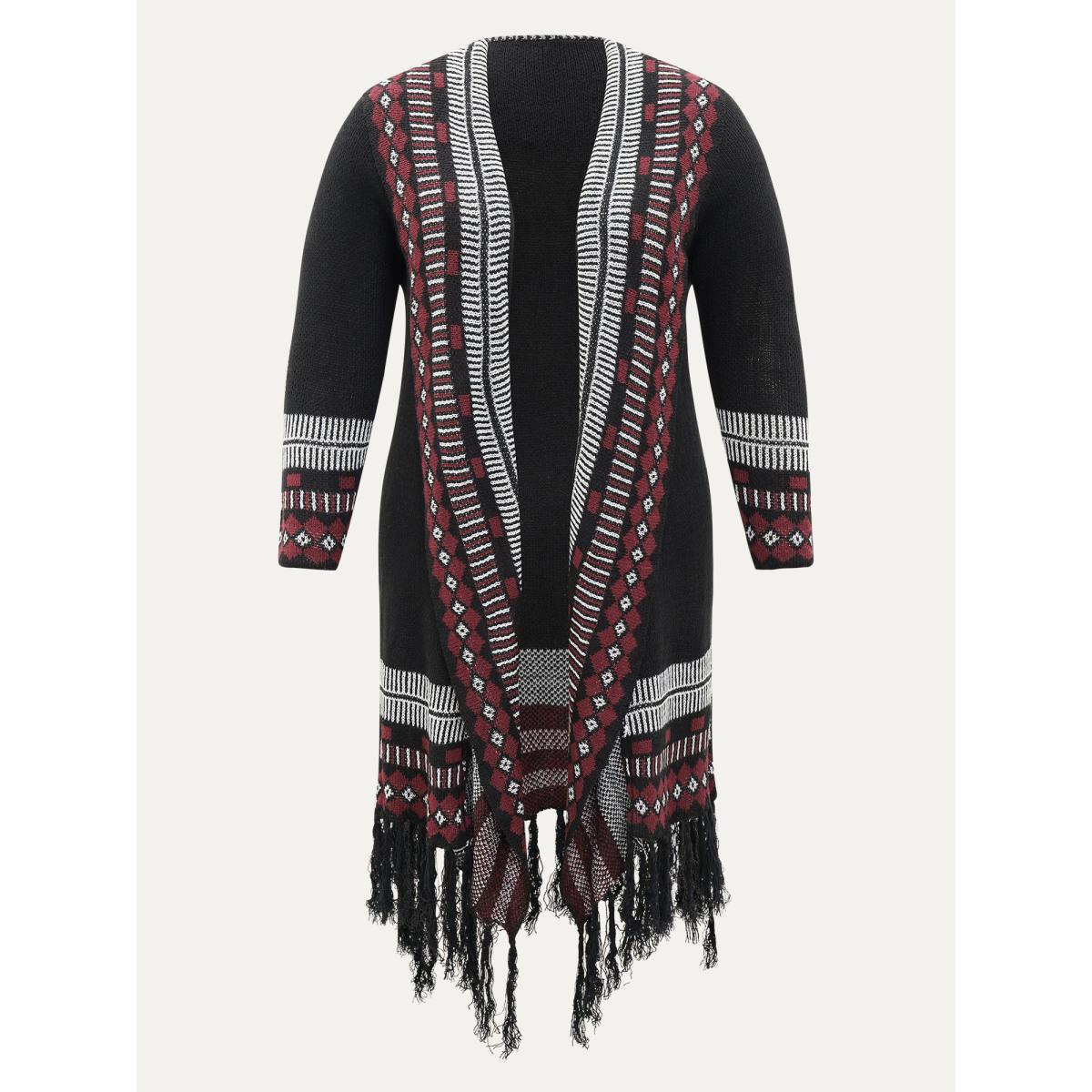 Plus Size Bandana Print Fringe Trim Maxi Cardigan Black Women Boho Long Sleeve Vacation Cardigans BloomChic 26/4X Product Image