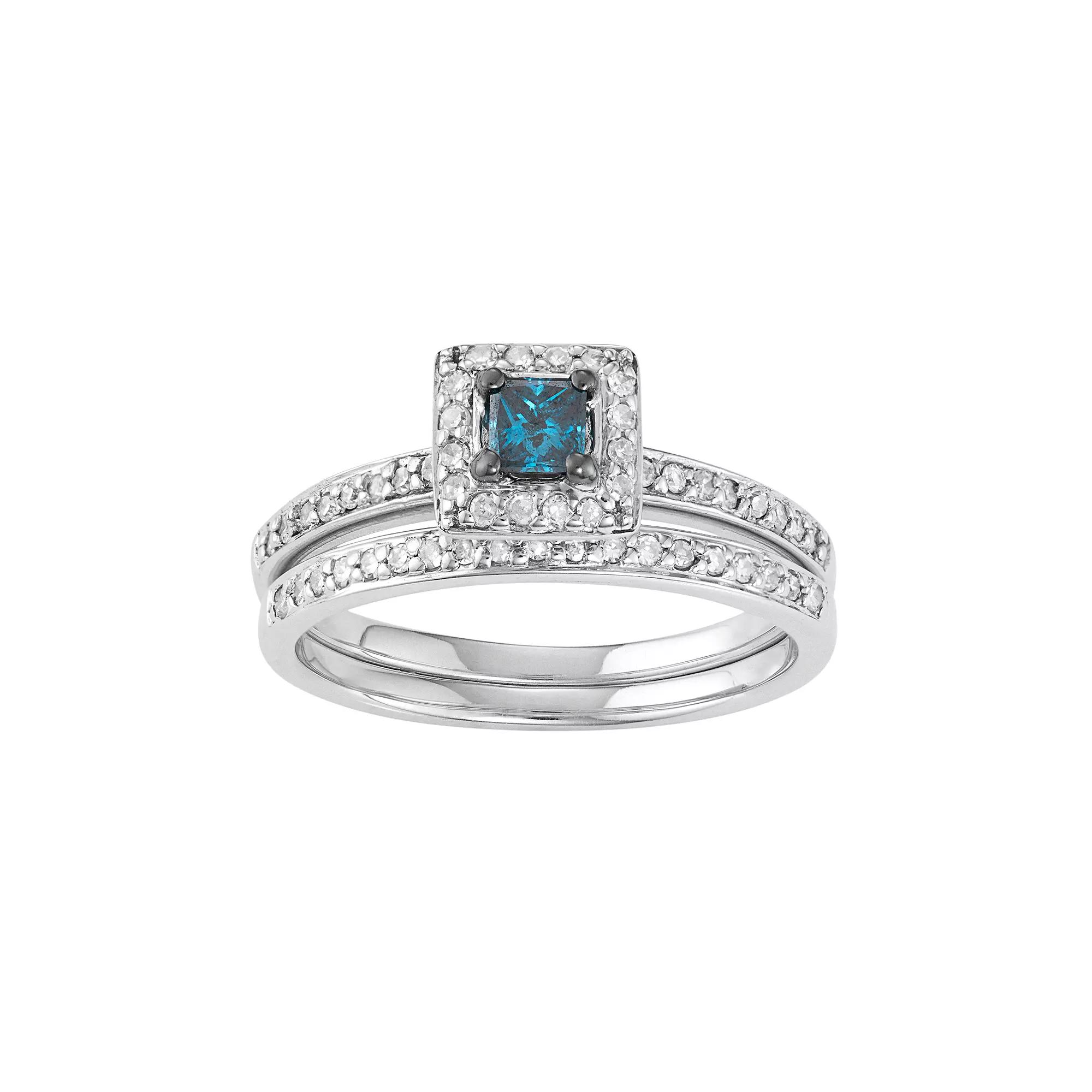 HDI 10k White Gold 1/2 Carat T.W. Blue & White Diamond Engagement Ring Set, Women's,  Product Image