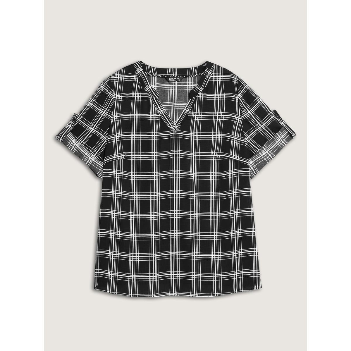 Plus Size Black Plaid Print Tab Sleeve Notched Blouse Women Elbow-length sleeve Flat collar with V-notch Work Blouses BloomChic 26/4X Product Image