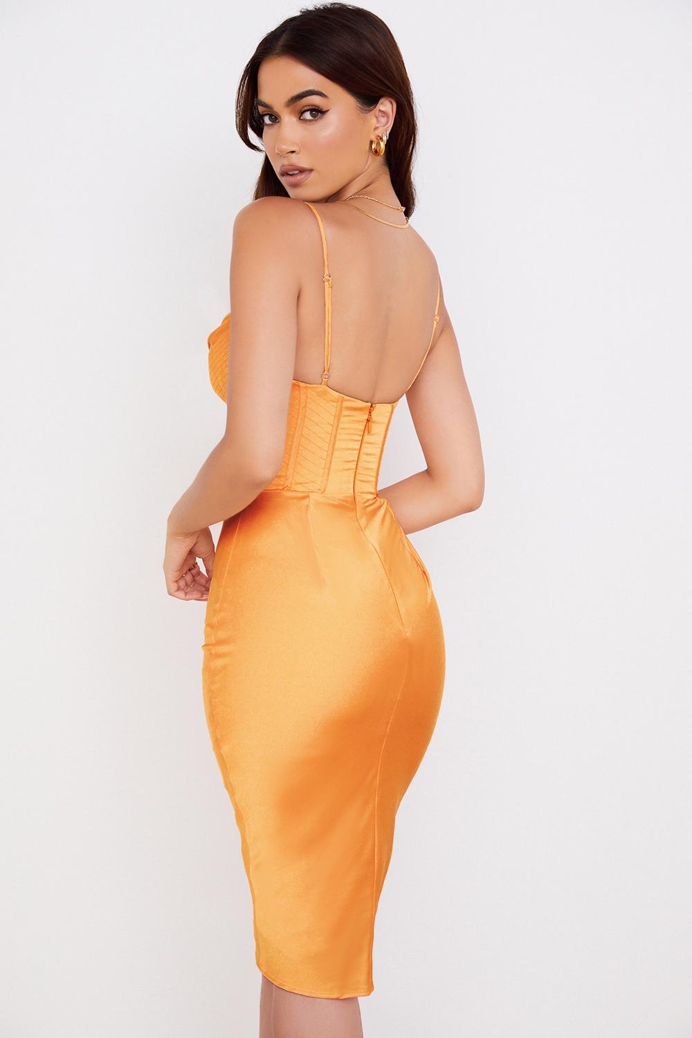Myrna  tangerine satin corset midi dress Product Image