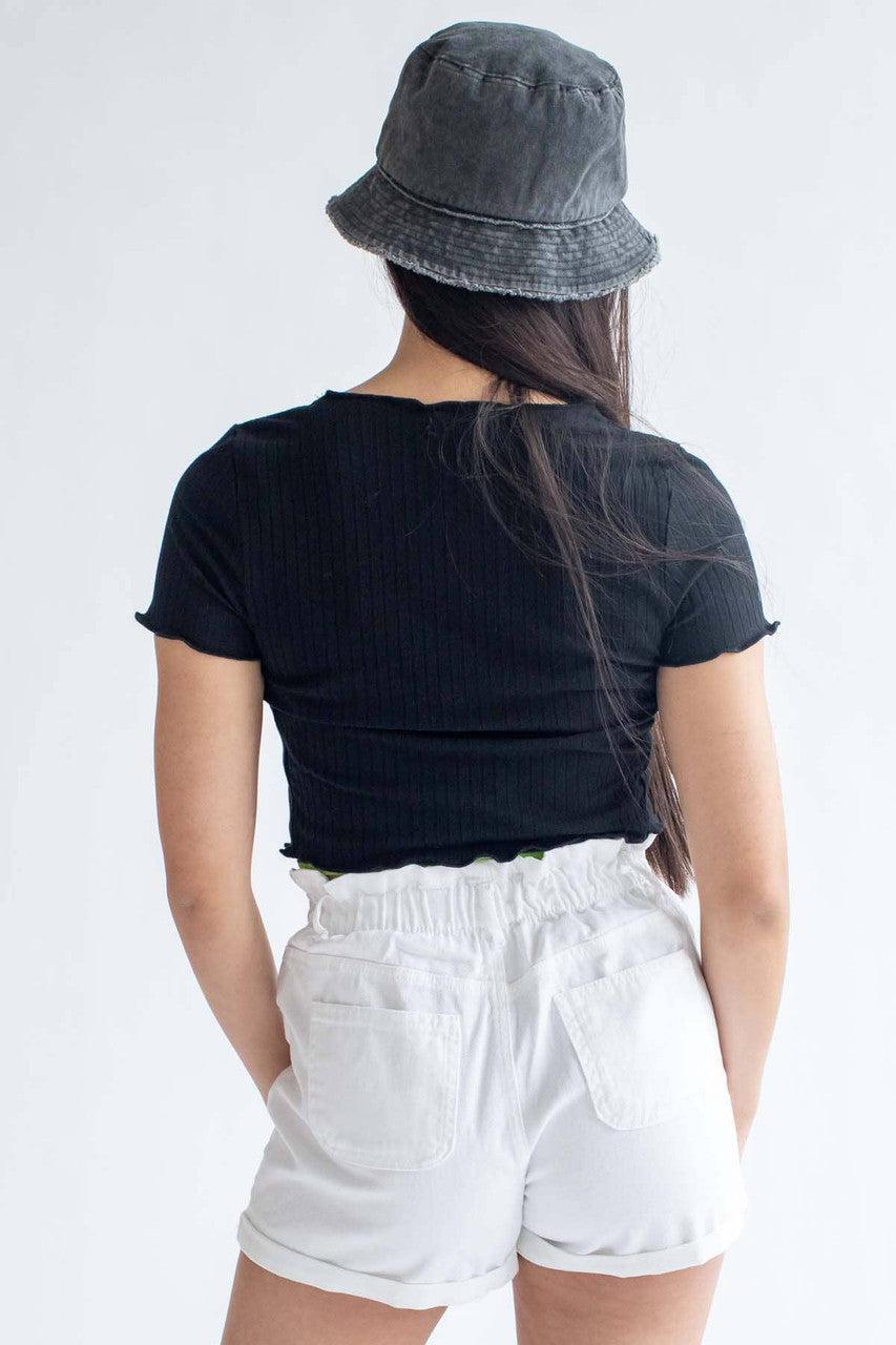 White Cuffed Paper Bag Waist Denim Shorts Product Image