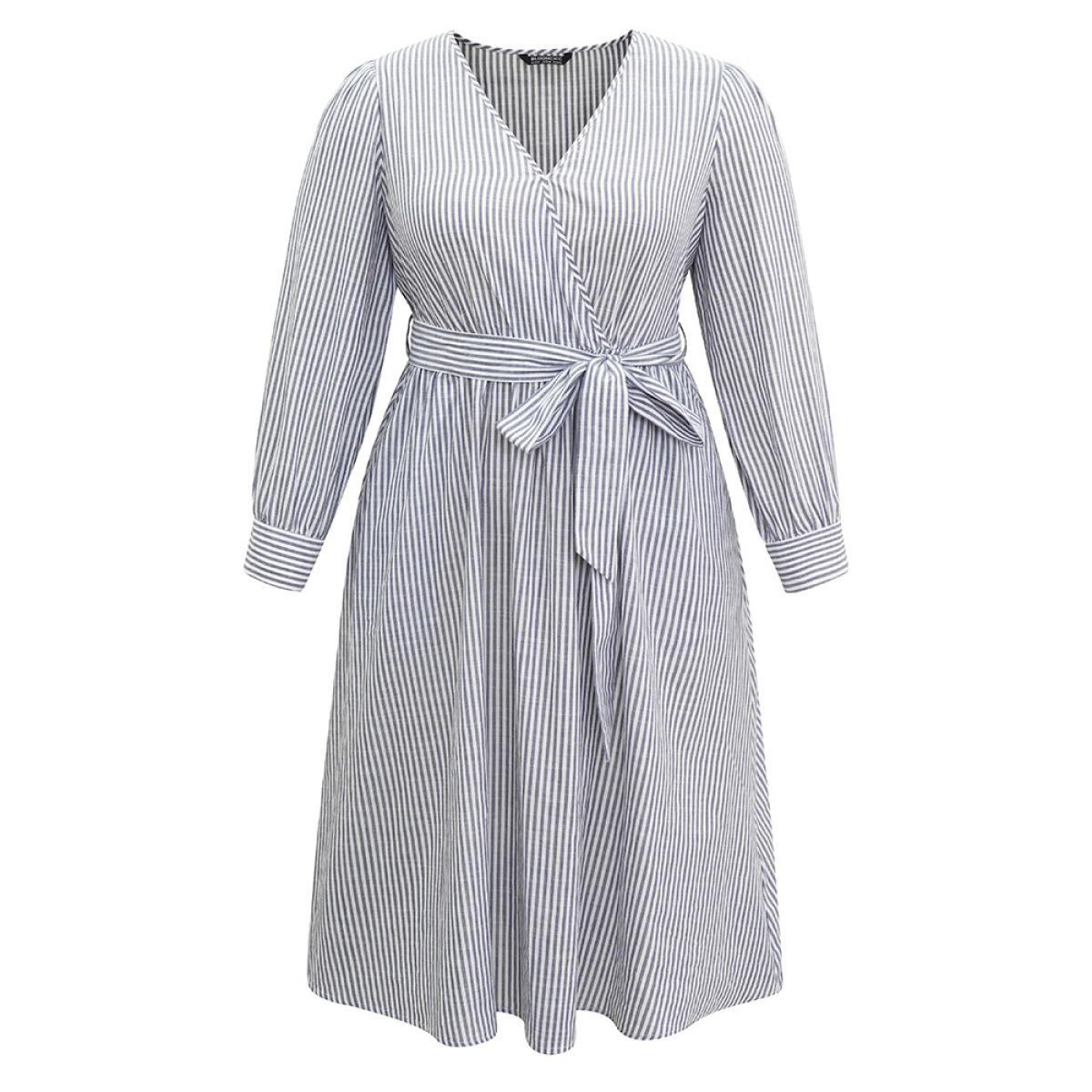 Plus Size Cotton Striped Belted Overlap Collar Dress SlateGray Women Office Wrap Overlap Collar Long Sleeve Curvy Midi Dress BloomChic 22-24/3X Product Image