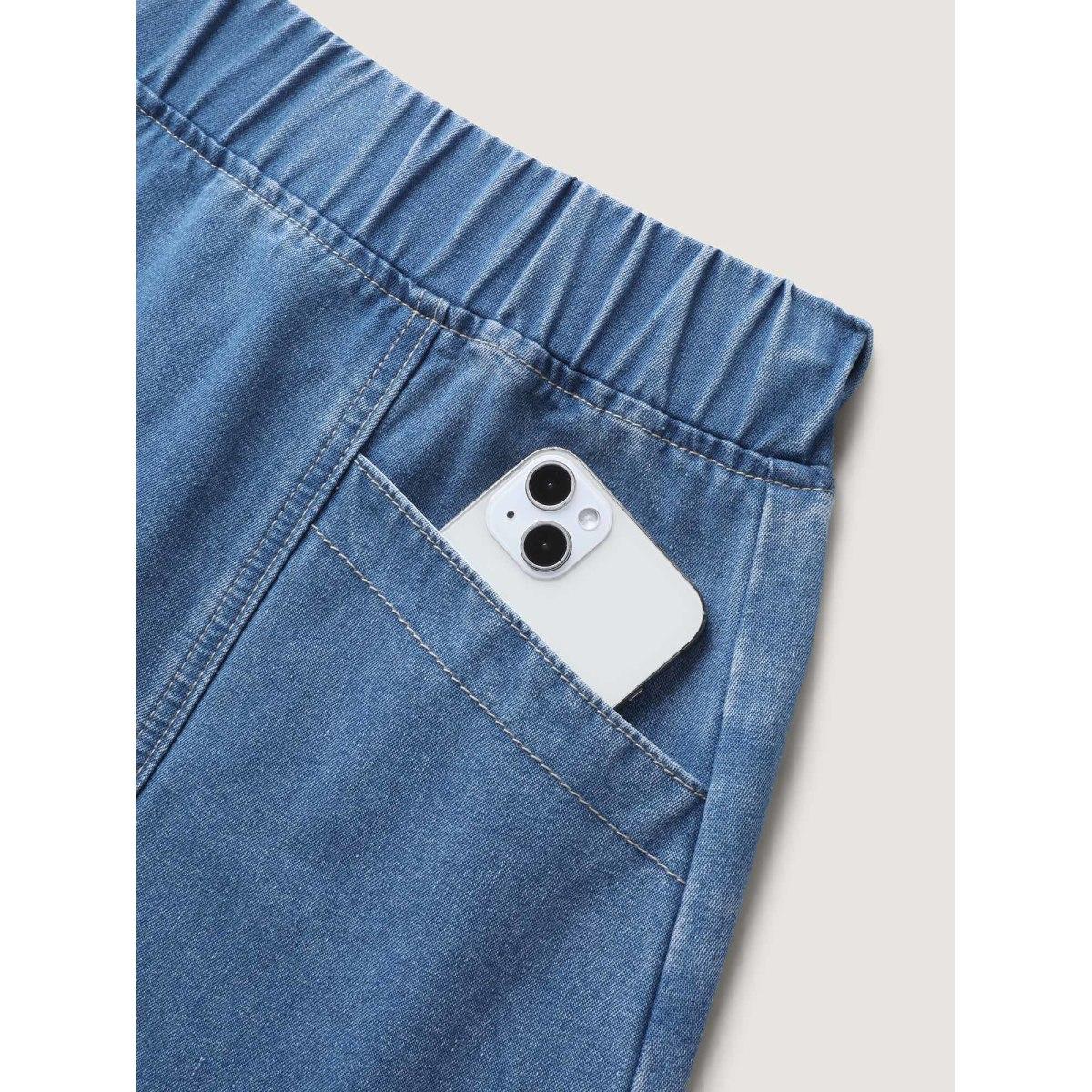 Plus Size Stretchy Waistband Pockets Denim Skirt Women Denimblue Everyday-Casual No stretch Medium Wash 30/6X Slanted pocket Denim Skirts BloomChic Product Image