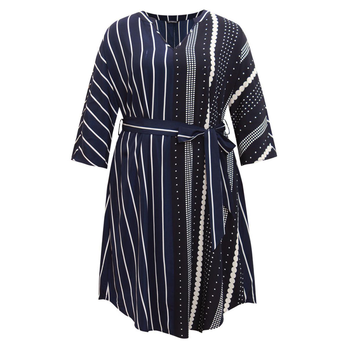 Plus Size Striped Patchwork Polka Dot Belted Notched Dress DarkBlue Women Office Belted Notched collar Elbow-length sleeve Curvy Midi Dress BloomChic 22-24/3X Product Image