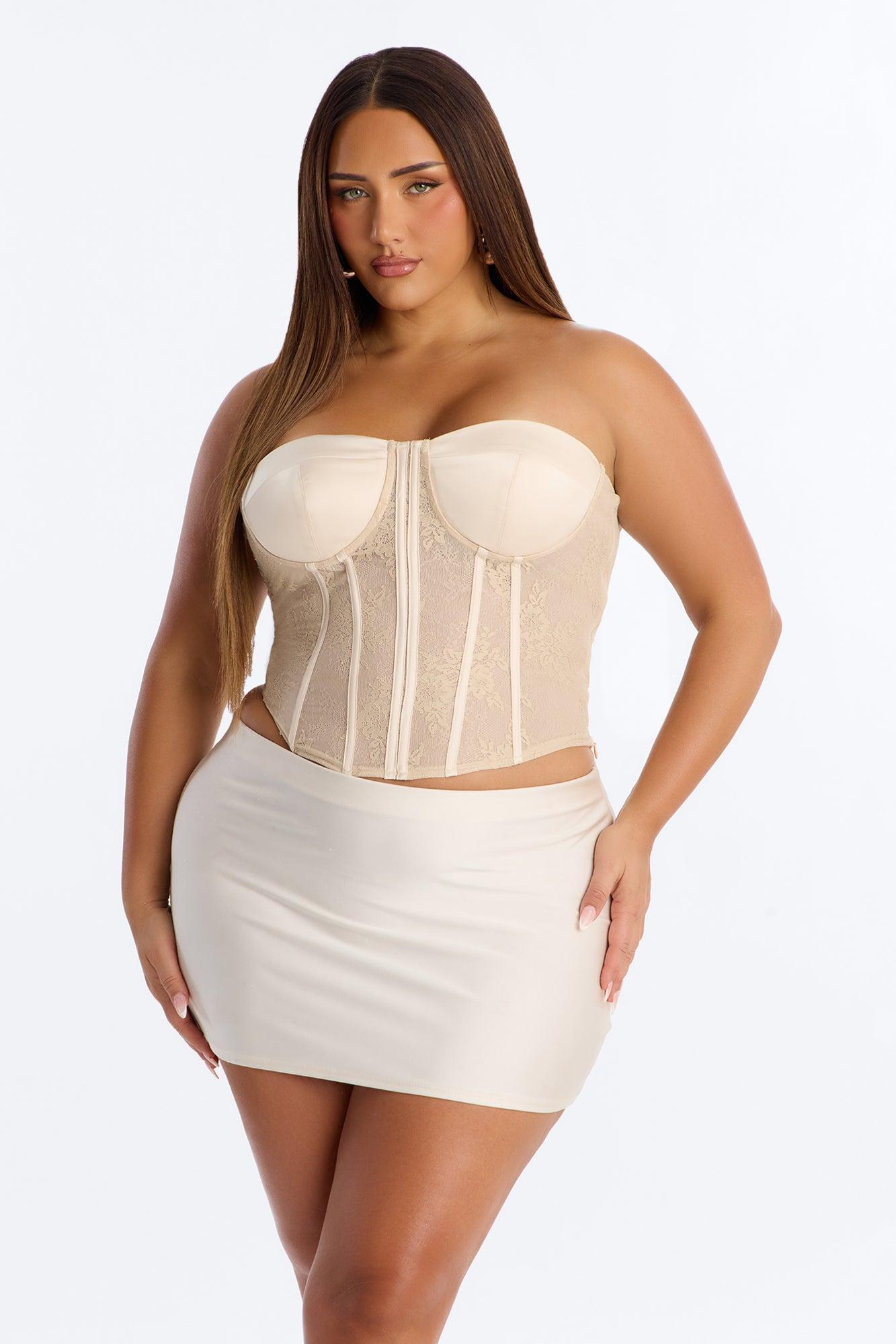 With A Tease Lace Up Lace Corset - Nude Female Product Image