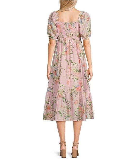 Blu Pepper Floral Print Square Neck Short Sleeve Midi Dress Product Image