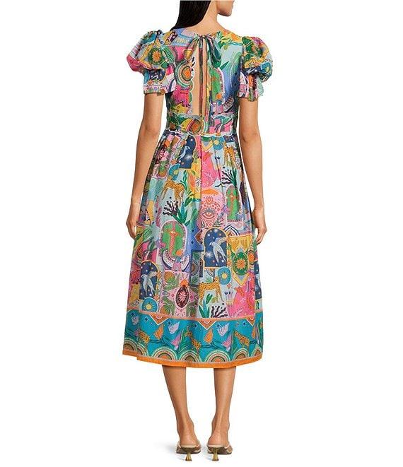 J.Marie Sloane Abstract Print V-Neck Short Sleeve Bow Midi A-Line Dress Product Image