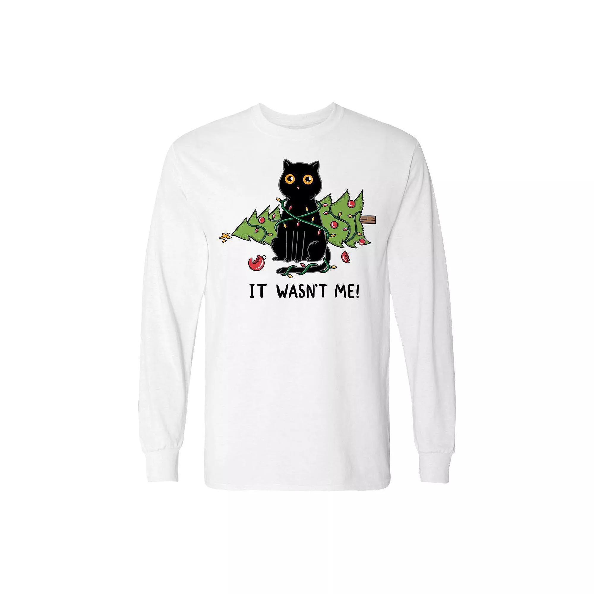 Men's Cat and Christmas Tree Long Sleeve Graphic Tee, Size: Large, Irish Green Product Image