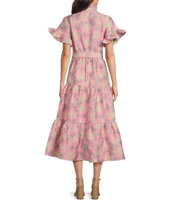 Abbey Glass Floral Print Sadie Ruffle Short Sleeve Tie Waist Tiered Pocketed Midi Dress Product Image