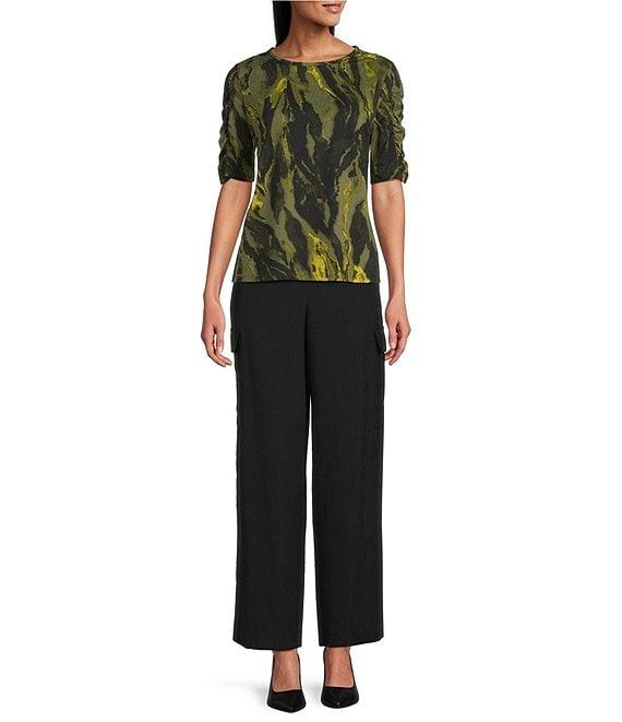 Investments Petite Size Knit Painted Bronze Green Zebra Elbow Length Sleeve Crew Neck Top Product Image