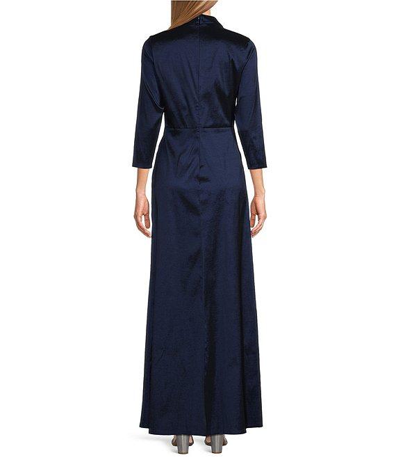 Marina Stretch Taffeta Surplice V-Neck 3/4 Sleeve Faux Wrap Dress Product Image