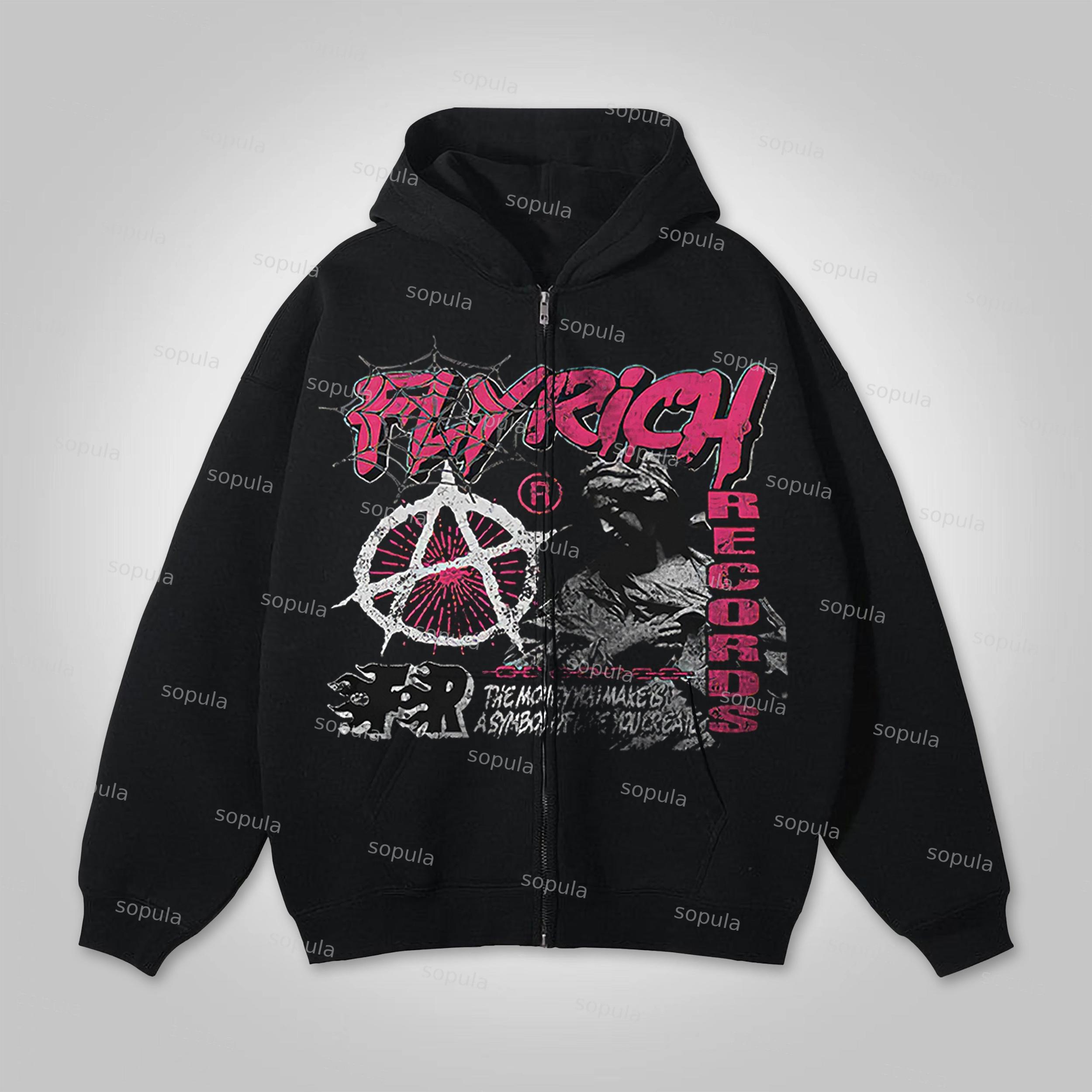 Y2k Fashion Fly Rich Vintage 2019 Graphic Hip Hop Oversized Zip Up Hoodie Product Image