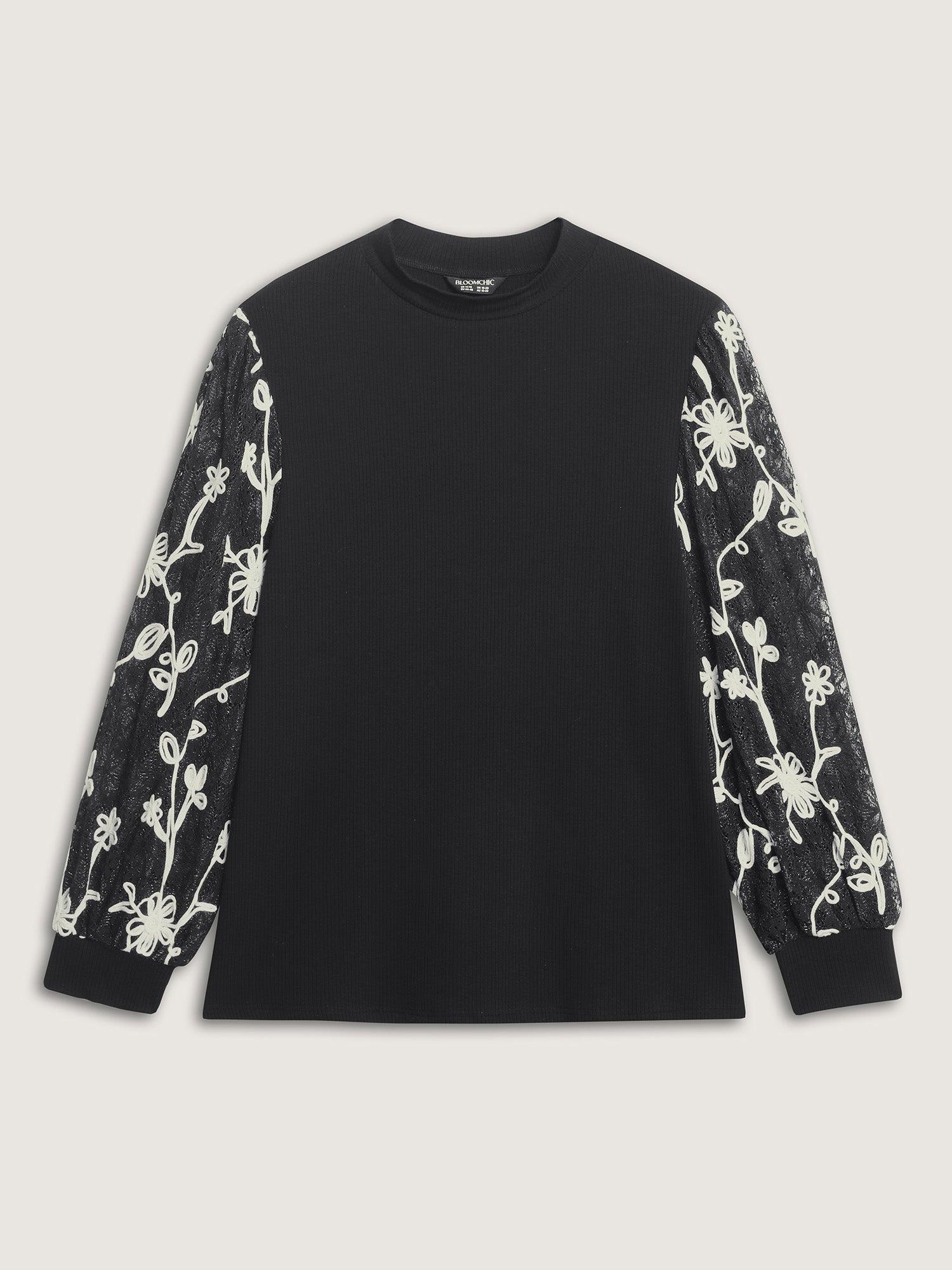 Floral Embroidered Lace Mock Neck Knit Top Female Product Image