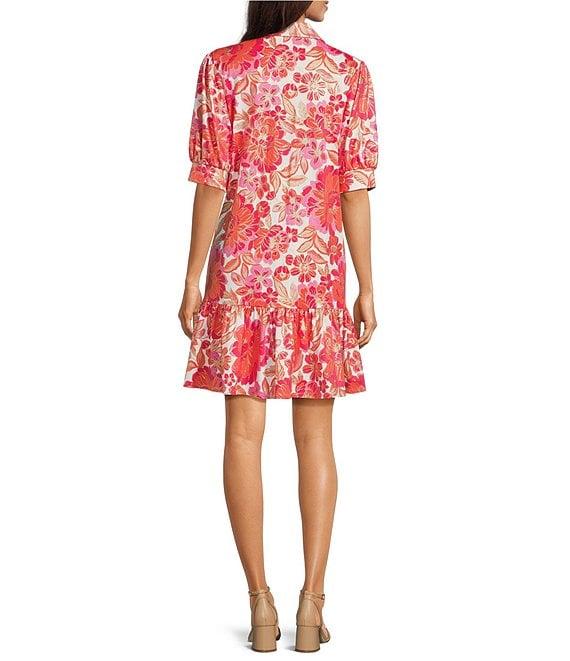 Jude Connally Tierney Metallic Peony Dream Print Knit Point Collar V-Neck Short Puff Sleeve Drop Waist Flounce Hem Dress Product Image