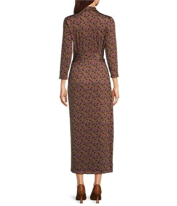 J.McLaughlin Printed Knit Reversible Point Collar V-Neck 3/4 Sleeve Wrap Dress Product Image