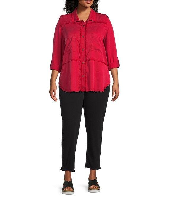 Multiples Plus Size Lyocell Twill Point Collar Long Roll-Tab Sleeve Button Front Fringed Shirt Product Image