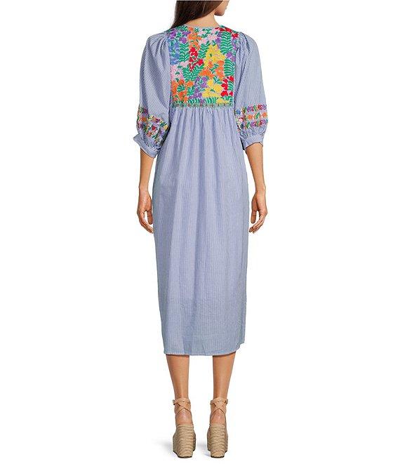 J.Marie Tristen Embroidered Side Slit Striped Pullover Midi Dress Product Image