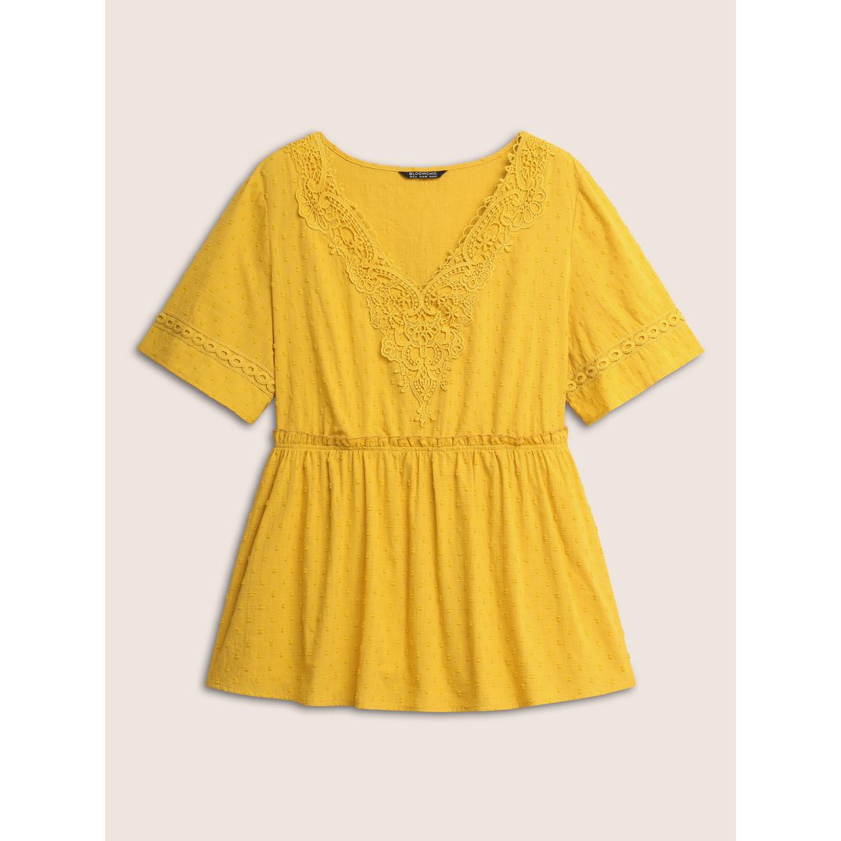 Plus Size Yellow Solid Woven Ribbon Frill Trim Gathered Blouse Women Resort Short sleeve V-neck Vacation Blouses BloomChic 22-24/3X Product Image